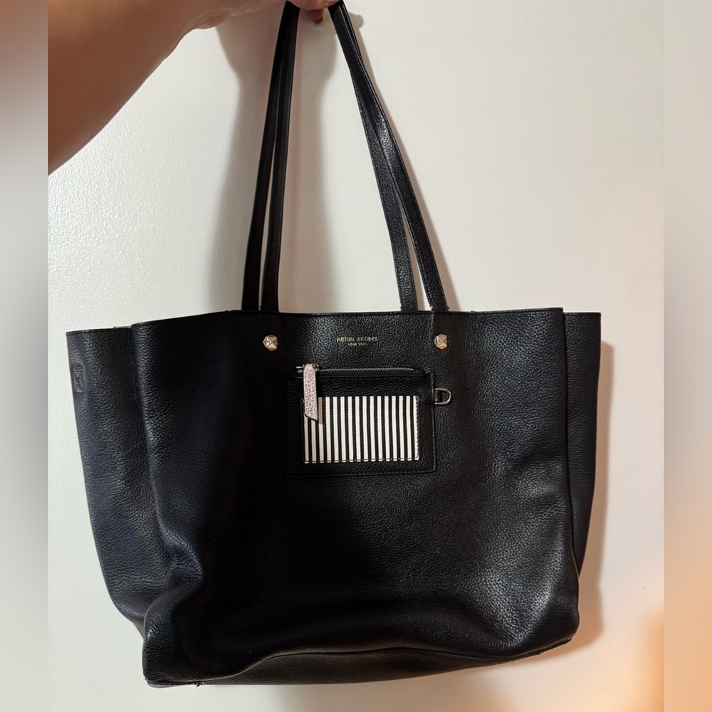 henri bendel Black Leather Tote with Stripe Pocket Detail